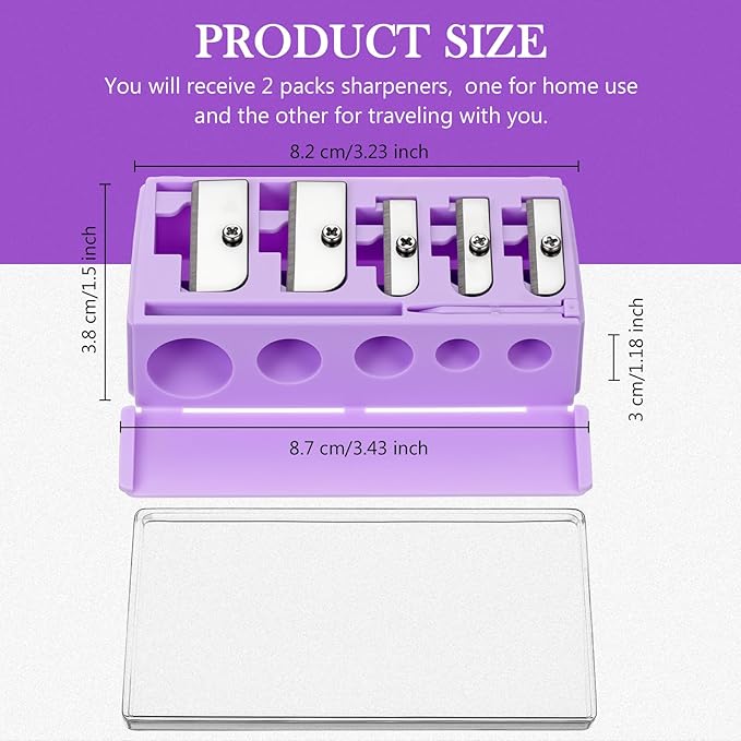 Honoson 2 Pcs 5 Hole Cosmetic Long Point Manual Pencil Sharpener with Plastic Lid Makeup Eyeliner Pencil Sharpener (Purple)