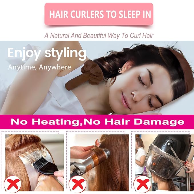 Jumbo Satin Heatless Curler Set 7pcs with Bonnet & Clips, For Big Voluminous Waves Overnight Sleeping No Damage Hair Styling Tools Long Hair Friendly Naturally Fluffy