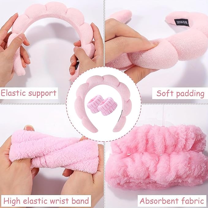 Spa Headband and Wristband Set for Women,Terry Cloth Sponge Headband for Washing Face,Makeup,Facial Mask and Skincare (Pink, One Size)