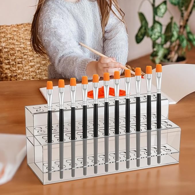 48 Holes Pen Display Stand, Acrylic Pencil Holder for Craft Shows, Clear Makeup Brush Rack, Beaded Eyebrow Art Brush Organizer, Makeup Tool Organizer for School Office Home Retail Store
