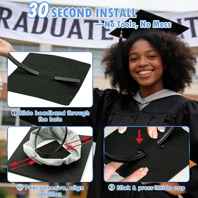 PUNCHMAN Graduation Cap Headband Insert- Black 1 Pack Firm Anti-fall Hair Band,Graduation Hat Headband Holder for Secure Grad Cap And Hairstyle,Hat Accessories for Graduates,Students,Girls