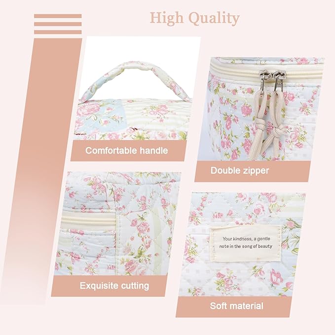 VIWIME Makeup Cosmetic Bag, Large Cotton Quilted Travel Coquette Aesthetic Cute Floral Make up Bag for Women Toiletry Bag Organizer (304-PinkPuzzle)