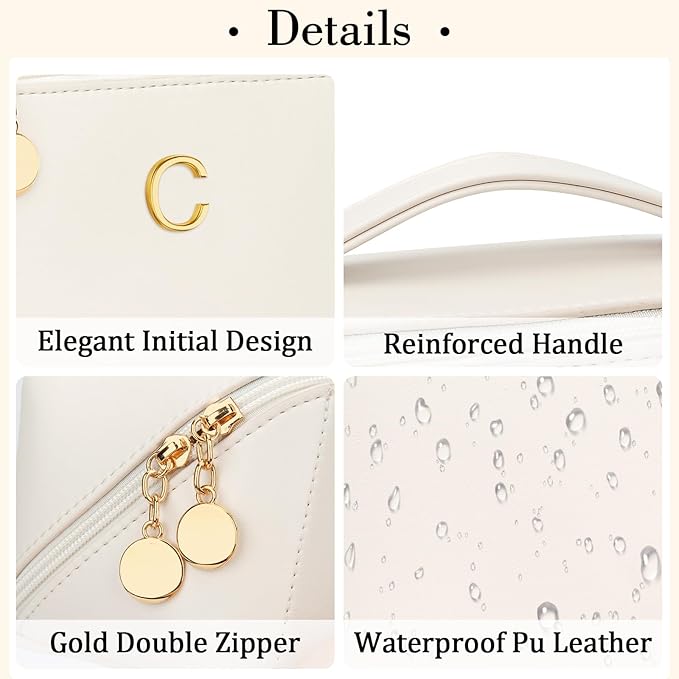 Birthday Gifts for Women Teen Girl, Personalized Initial Makeup Organizer Bag Set, Open Flat Travel Cosmetic Bag With Clear Divider and Handle(Large-Beige,C)