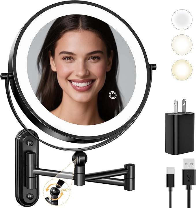 Rocollos Rechargeable Wall Mounted Lighted Makeup Mirror, 8 Inch Double-Sided LED Vanity Mirror 1X/10X Magnification,3 Color Lights Touch Screen Dimmable (Black-30X)