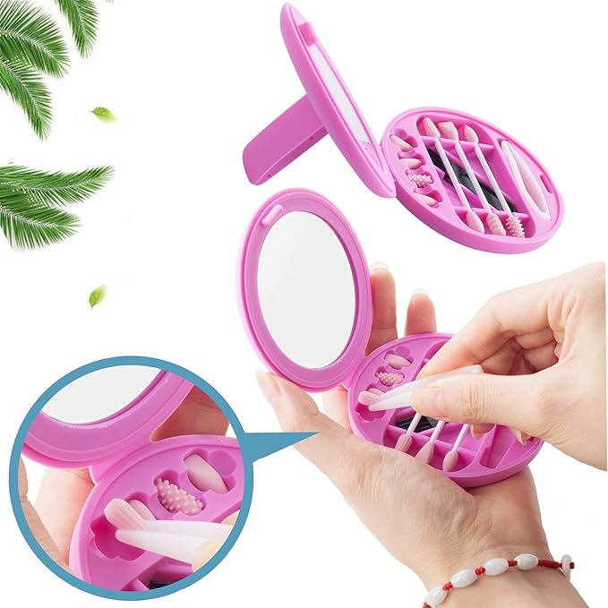 Strogem Reusable Cotton Swabs with 1 Mirror for Makeup Application and Cleaning, Multifunctional Portable Washable Silicone Q-Tip (pink)