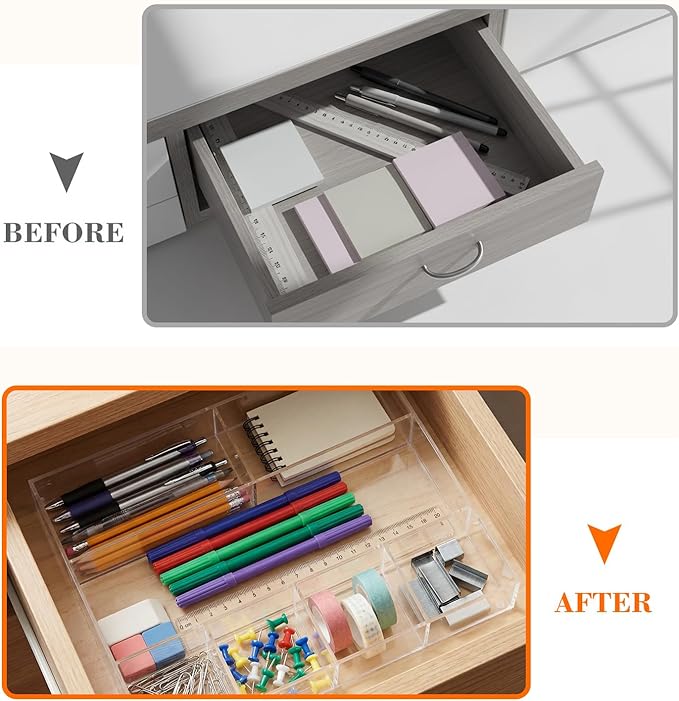 Large Acrylic Desk Deep Drawer Organizer with Adjustable Dividers, Anti-Skip Clear Desk Top Organizer Tray for Pens, Desktop, Office, Bathroom, Kitchen, Makeup Supplies(7 Compartments)