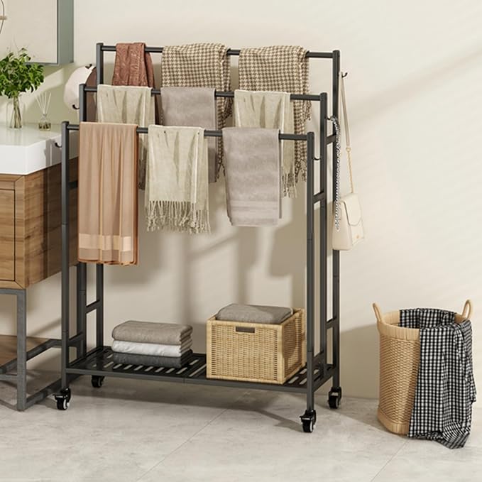 SORCEDAS Towel Rack 3 Tier Free Standing Metal Towel Stand with Storage Shelf and Wheel for Extra Large Towel Blanket Drying (Black)