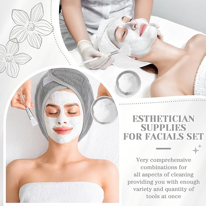 LemonRoad 25 Pcs Esthetician Facial Supplies Set, 3 Stainless Steel Mixing Bowls, 2 Serving Trays, 6 Brushes, 2 Hairbands, 12 Compressed Sponges for Women Facial Mask Spa Home Use (Silver)