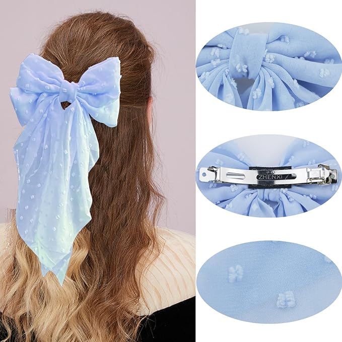 3 Pieces Large Hair Bows with Long Tail for Women and Girls - Big Plain Color Bowknot Barrettes in Bright Colors