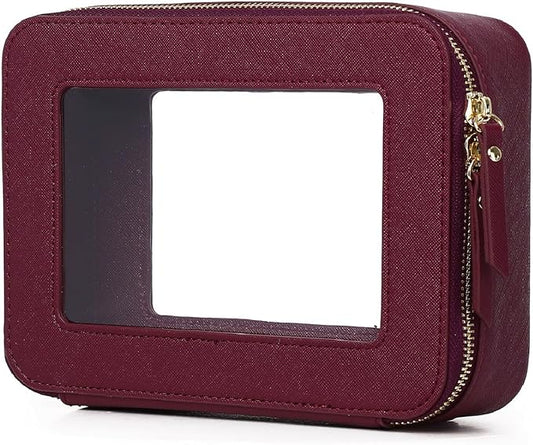 Clear Makeup Bag Women's Waterproof Travel Cosmetic Case and Toiletry Bag Portable Makeup Organizer Bag for Car with Zipper (Burgundy, M)