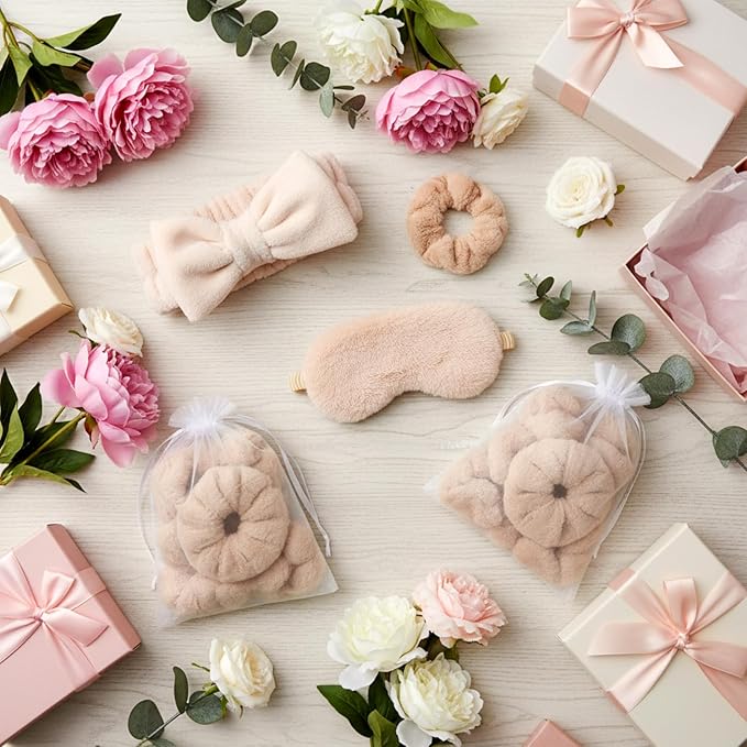 Mimorou 48 Pieces Galentine Spa Party Supplies 12 Spa Headband 12 Plush Sleep Eye Mask 12 Velvet Scrunchies 12 Organza Bags for Sleepover Slumber Party Favors Valentine Gift(Beige)