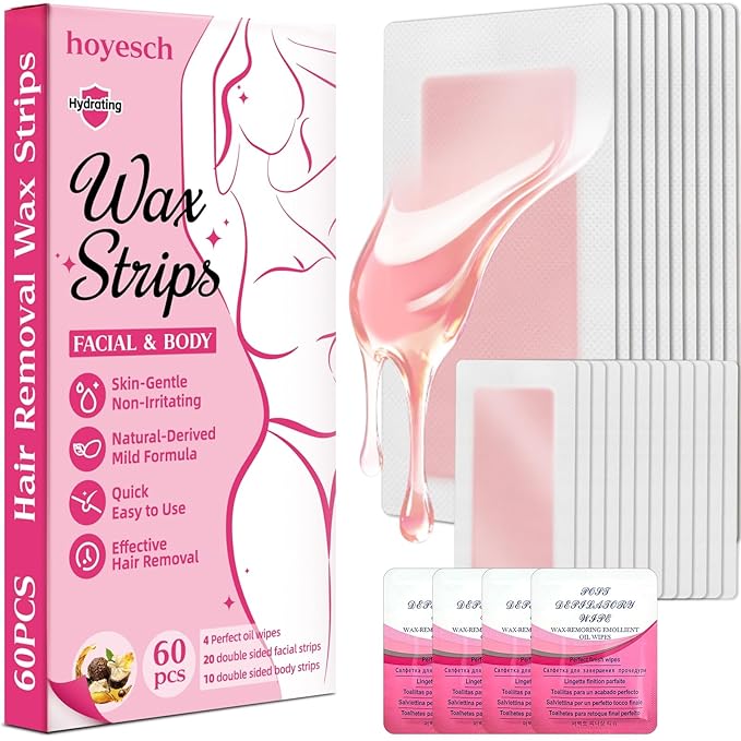 60 PCS Wax Strips - 40 Facial & 20 Body Waxing Kit for Women’ s Hair Removal,Wax Strips for Face,Eyebrow,Body, Arms, Legs, Chest, Back, Bikini/Brazilian Waxing Strips & 4Calming Oil Wipes