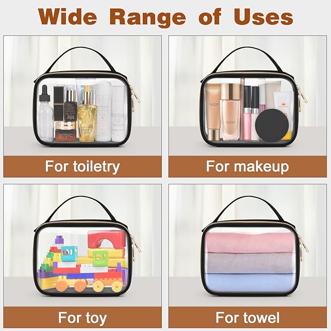 Wedama TSA Approved Toiletry Bag, 4 Pack Clear Makeup Bags with Handles, Quart Size Toiletry Bags, PVC Clear Cosmetic Bags for Women and Men, Carry on Airport Airline Compliant Bag, Black