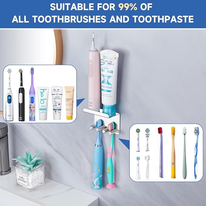Toothbrush Holder Wall Mounted for Bathrooms, Stainless Steel Electric Toothbrush Head Holder, Self Adhesive Toothbrush and Toothpaste Organizer, Wall Tooth Brushing Razor Holder for Shower