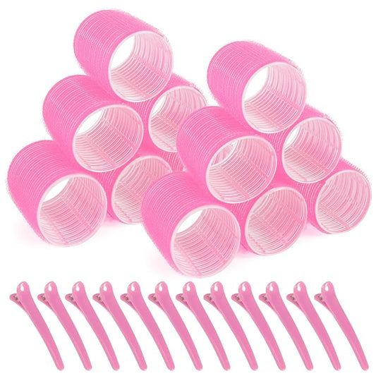 12 Piece Hair Roller Set with Clips, Self Grip Hair Rollers Hair Curler for Long Medium Short Hair, Random Color (6.4cm)
