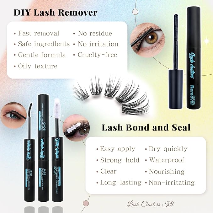 Wispy Lash Clusters Kit, Natural Lash Cluster Eyelash Extensions 192 Pcs C Curl 10-16mm Individual Fluffy False Eyelashes Thin Band DIY Kit for Beginners at Home with Bond Seal Remover Tweezers Brush