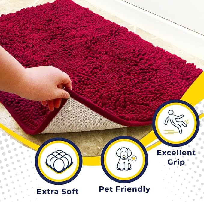 Muddy Mat® | Super Absorbent Door Mat Indoor, Microfiber Quick Dry Chenille Entryway Rug, Non-Slip Front Door Mat, Indoor Mats for Entryway, Machine Washable Pet Rug, Maroon 24" x 120"