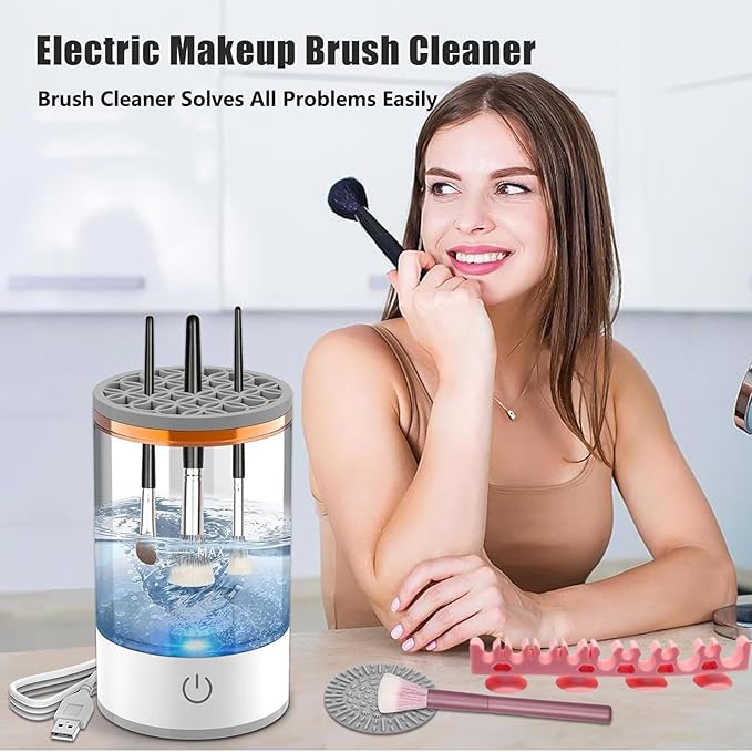 Electric Makeup Brush Cleaner Efficient Deep Cleaning and Drying of Mmake-Up Brushes Portable Automatic USB Cosmetic Brushes Cleaner Tool for All Size Beauty Makeup Brush Set(White)