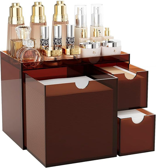 Youdepot Amber Acrylic Face Towel Holder with 3 Drawers, Disposable Face Towel Organizer for XL Facial Towels, Cotton Pads, Swabs, Skincare Tools, Bathroom Vanity Countertop Storage Box.