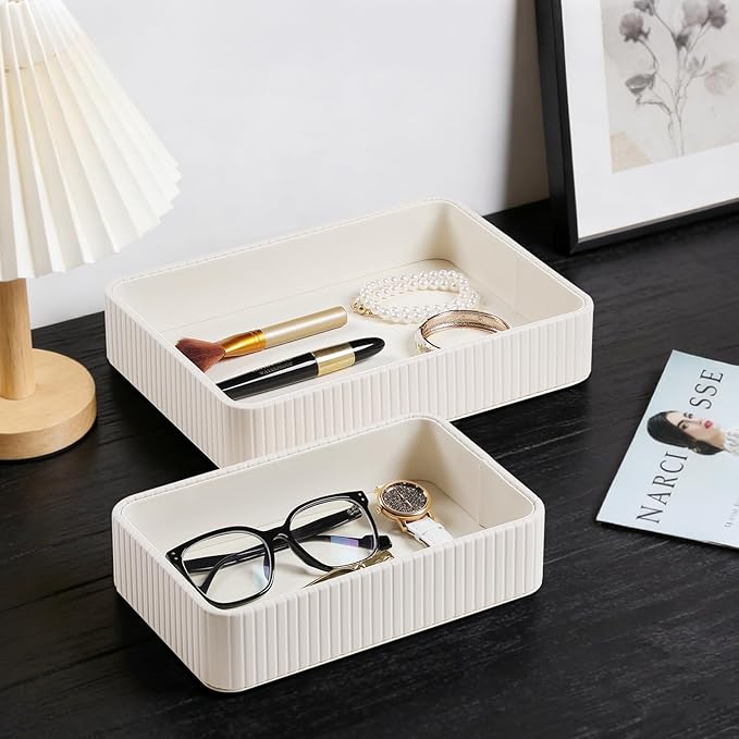2 Pack Nightstand Organizer Tray, Decorative Perfume Valet Tray Trinket Dish Catch All Purse Key Bowl, PU Leather Coffee Table Trays for Vanity Dresser Bedside Bathroom Countertop (Ivory)