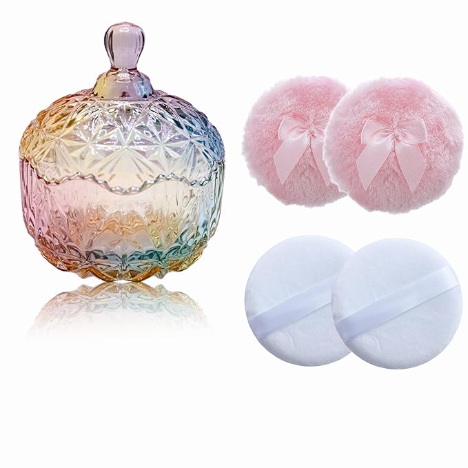 5 Pieces Large Body Powder Puff and Powder Container, Crystal Case for Dust Puff, Powder applicator with Box for Face and Body (Color, Crown)