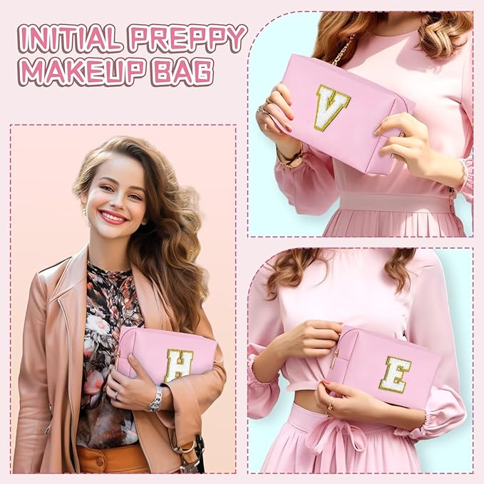 TOPEAST Birthday Gifts for Tween Girls Kids, Initial Makeup Bag Skincare Bag Toiletry Pouch (Pink B)