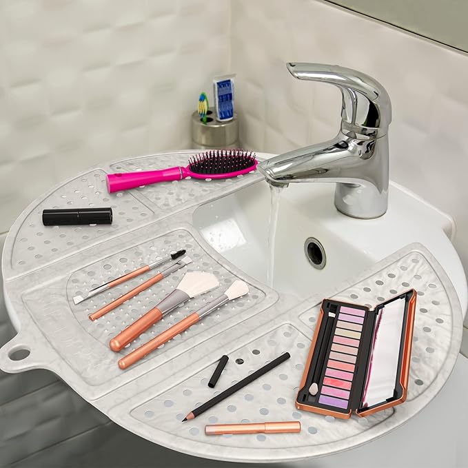 Sink Topper Bathroom Counter Cover & Storage Saver, Foldable Silicone Mat for Hot Tools, Hair Styling & Makeup, Beauty Brush Cleaning Mat, RV Camper Sink Cover & for Small Spaces (Standard Pearl)
