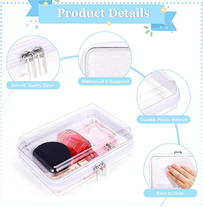 2 Pack Zippered Hard Pouch, Clear Plastic Storage Box Containers Small Toiletry Bag, Clear Hard Shell Zipper Case for Small Items, Toys, Building Blocks, Puzzles, Cosmetics, Stationery Accessories
