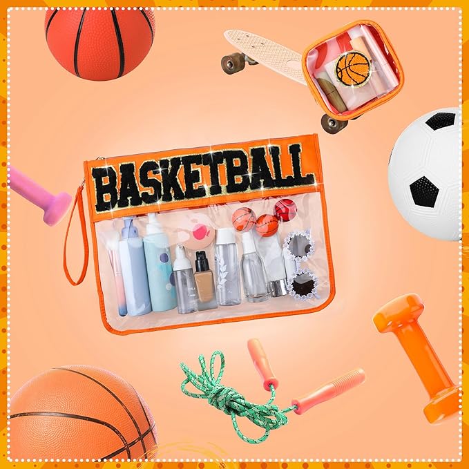 Hillban 2 Pcs Basketball Senior Night Gifts 2026 Makeup Cosmetic Bag Clear Toiletry Purse Chenille Letter Zipper Pouch Basketball Accessories for Women Sport Portable Travel Stuff Storage Case Bags