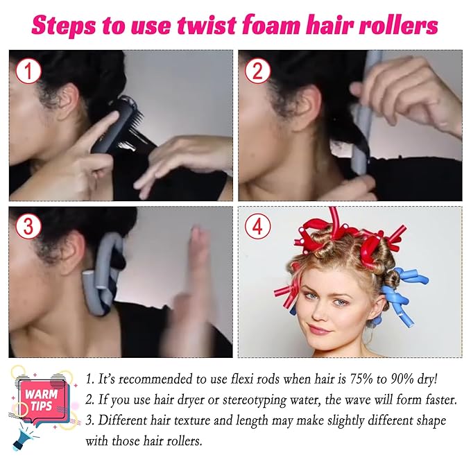 Royota 30PCS 9.45" Hair Curlers Rollers Flexible Curling Rods Set,Heatless Twist Soft Bendy Foam Hair Curls for Long and Short Hair (0.39 x 9.45 Inch, Random Color)