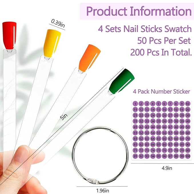 BQAN 200 Pcs Nail Swatch Sticks with Ring – Nail Supplies, Stuff, Tools & Accessories for Color Display and Practice, Includes 4 Pack Number Stickers, Nails Thing for Home & Salon Manicure