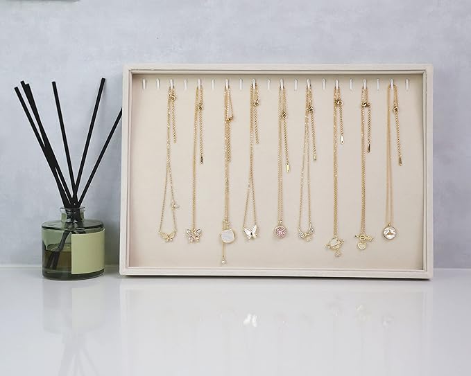 Stratalife Necklace Organizer Stackable Jewelry Organizer 20 Hooks Large Jewelry Tray Necklaces Holder Bracelet Storage for Women Girls Velvet (Beige Necklace Tray)