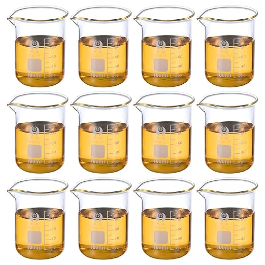 PATIKIL 100ml Low Form Glass Beaker, 12 Pack 3.3 Borosilicate Glass Graduated Printed Scale Measuring Cups with Spout for Kitchen Lab Liquids