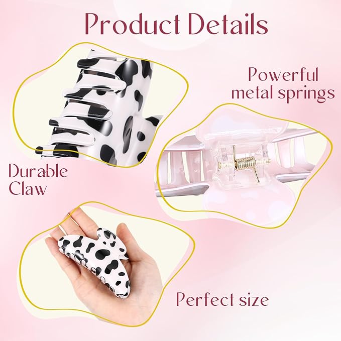 8 Pcs Large Acrylic Hair Claw Clips for Women Non-slip Strong Hold Jaw Clamps for Thick Thin Hair(Glossy,Dairy Cow Color)