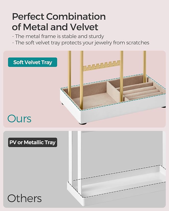 SONGMICS Set of 2 Jewelry Holders, Jewelry Organizers Display Stands with Metal Frame, Velvet Tray, Necklace Earring Bracelet Holders, for Studs, Rings, Gift Idea, Pale Gold UJJS021A01V1-2J