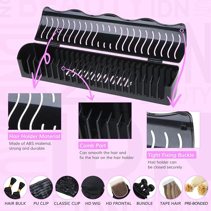 IDN BEAUTY Hair Extension Holder Stand for Styling, 4 Installation Modes With Tool, Hair Extension Holder Designed to Securely Hold Your Extensions for Washing, Styling, Packing and Storing (Black)