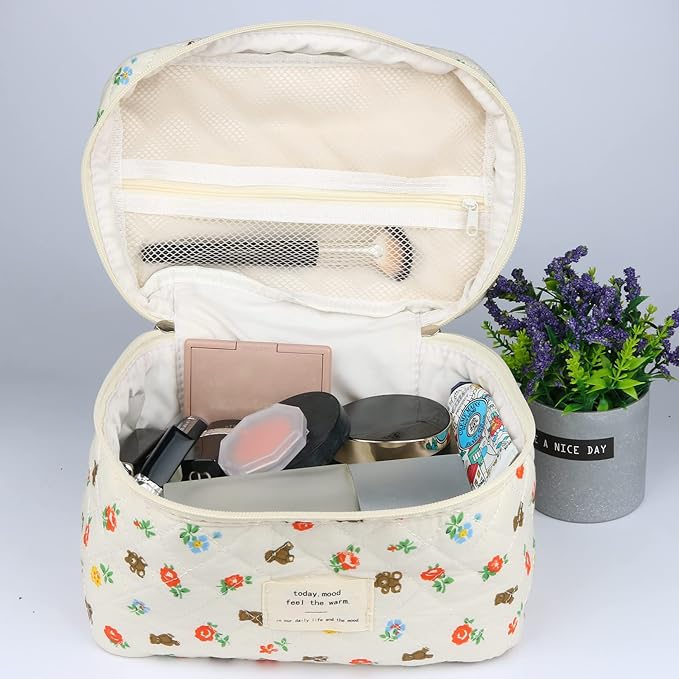 VIWIME Makeup Cosmetic Bag, Large Cotton Quilted Travel Coquette Aesthetic Cute Floral Make up Bag for Women Toiletry Bag Organizer (103- Bear/2Pcs)