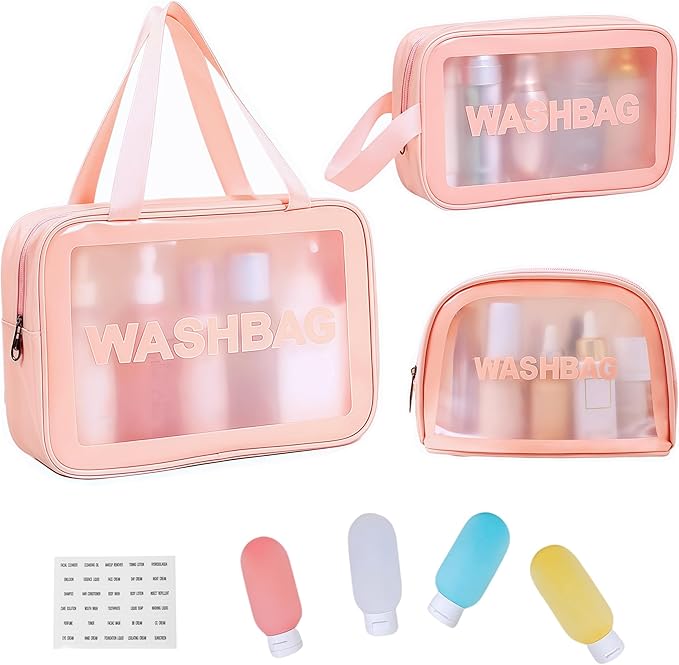 Waterproof Clear Frosted Travel Toiletry Bag For Men & Women: 3-Size Handle Cosmetic Case + 4 Pre-Labeled 2Oz Bottles & Sticker. Large Washbag Organizer. (Soft Pink)