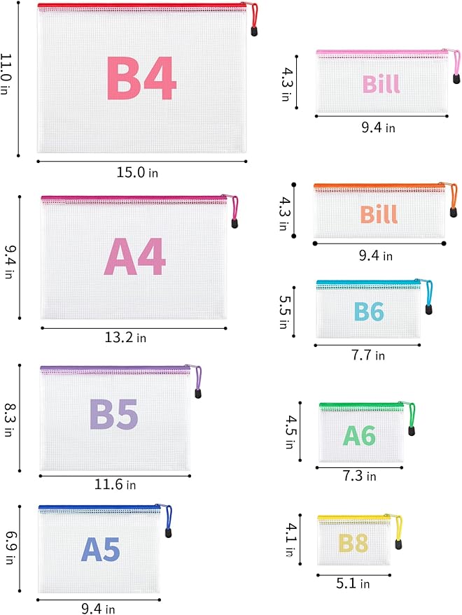 JARLINK 36 Pack 8 Sizes Mesh Pouch, 9 Colors, Waterproof Zipper File Bags Document Multipurpose Travel Bags for Office, School, Board Game, Puzzles, Cosmetics, Travel Accessories, and Home Organize