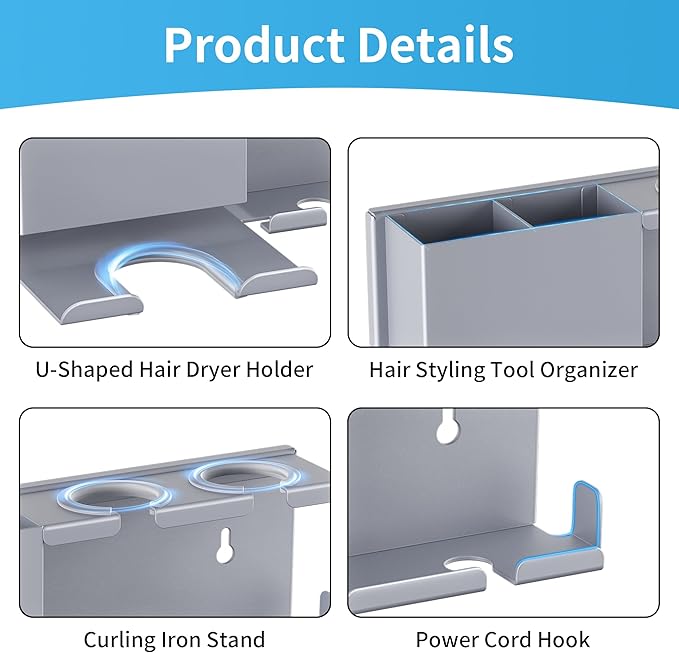 Blow Dryer Holder, 2 Installation Methods (Adhesive & Screws) Hair Dryer Holder Wall Mounted, Metal Hair Tool Organizer for Curling Iron, Straightener, Bathroom Wall Organizer, Gray