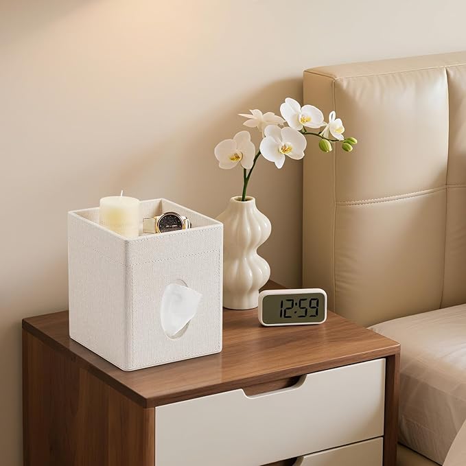 Tissue Box Cover, PU Leather Square Tissue Box Holder with Storage Tray for Bathroom Vanity Countertop Night Stands Bedroom Office Desk, Stylish Tissue Holder Decorative Organizer (Linen)