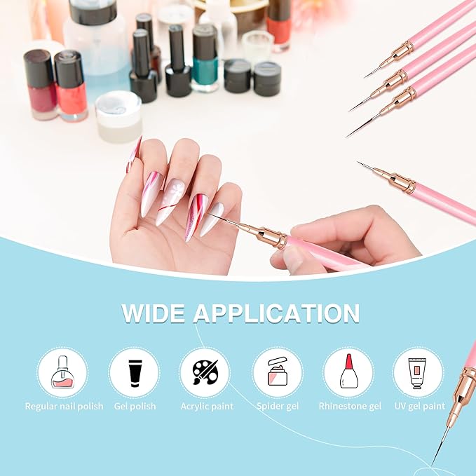 Metallic Nail Art Brushes, 5Pcs Nail Art Liner Brushes, Painting Art Design Brush Set Nail Dotting Drawing Tool for Long Lines, Thin Details, Fine Drawing Sizes 4/8/12/20/25mm, Pink