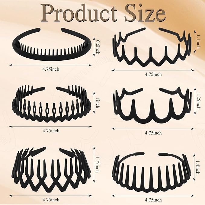 12Pcs Black Zigzag Headbands with Teeth for Women's Hair Non Slip, Plastic Wavy Skinny Head Bands Comb Fashion Hair Accessories–6 Styles, Versatile Use