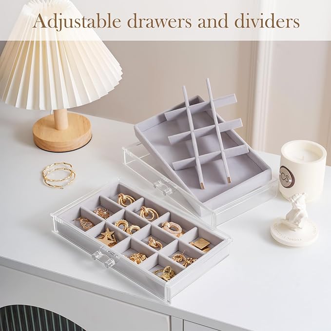 Lolalet Earring Holder Organizer Box Jewelry Storage with 6 Drawers, Clear Acrylic Stackable Earring Case with Adjustable Velvet Trays for Women on Dresser Vanity -Grey, 6 Layers