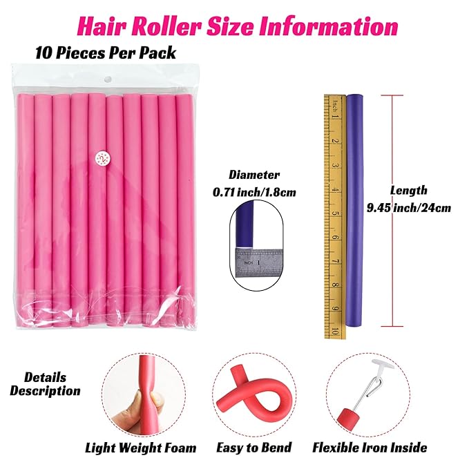 Royota 30PCS 9.45" Flexible Foam Curling Rods, Twist Heatless Hair Rollers for Women, Girls, Long and Short Hair, Sleep-In (0.71 x 9.45 Inch, Random Color)