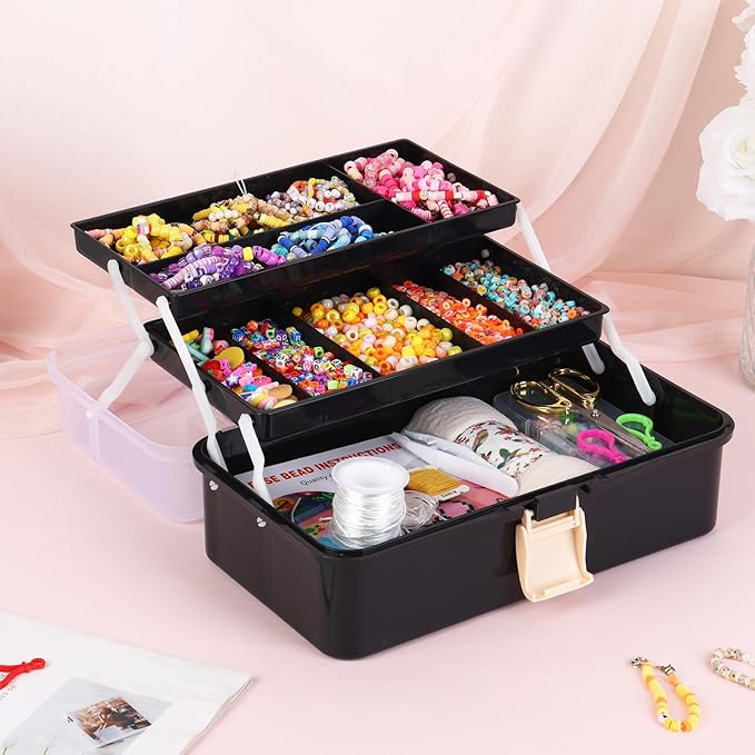 OUTUXED 12.5inch 3-Layer Multipurpose Craft Organizers, Portable Folding Toolbox, Plastic Tool Box with Handle for Sewing Supplies, Medicine, Art Supplies, Nails and Hair Accessories(Black)