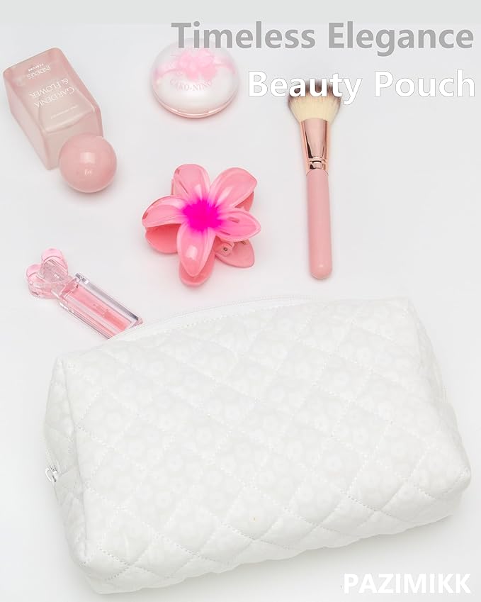 PAZIMIIK Vintage Quilted Makeup Bag Cosmetic Pouch for Brushes Pencils and Travel Make Up Accessories for Women and Girls White