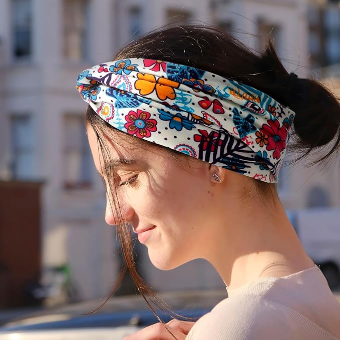 DRESHOW 4 Pack Boho Non-Slip Headbands for Women Girls Yoga Workout Running Knotted Turban Floral Elastic Head Wrap