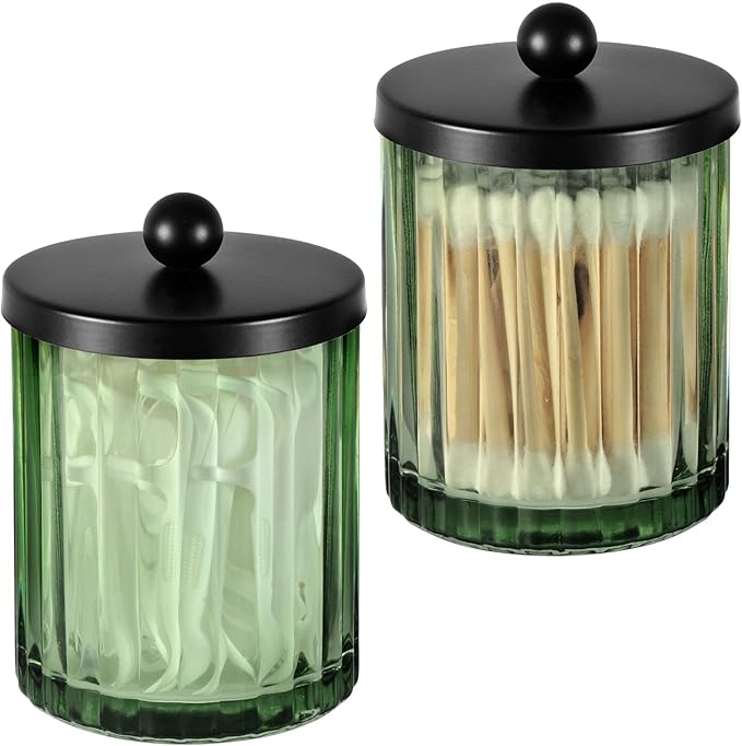 Amolliar Sage Green Glass Apothecary Jar, Qtip Holder Dispenser for Cotton Swabs, Balls, Makeup Pads, Floss Picks, Bathroom Essential Accessories, Countertop Canister Storage Organizer (Black, 2 Pack)