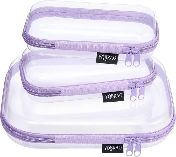 3 Pack Hard Sided Clear Zipper Case for Storage- Thickened-Grade Clear Hard Shell Zipper Case for Organizing Bead, Handicrafts, Sewing, Toiletries, Makeup (Purple)